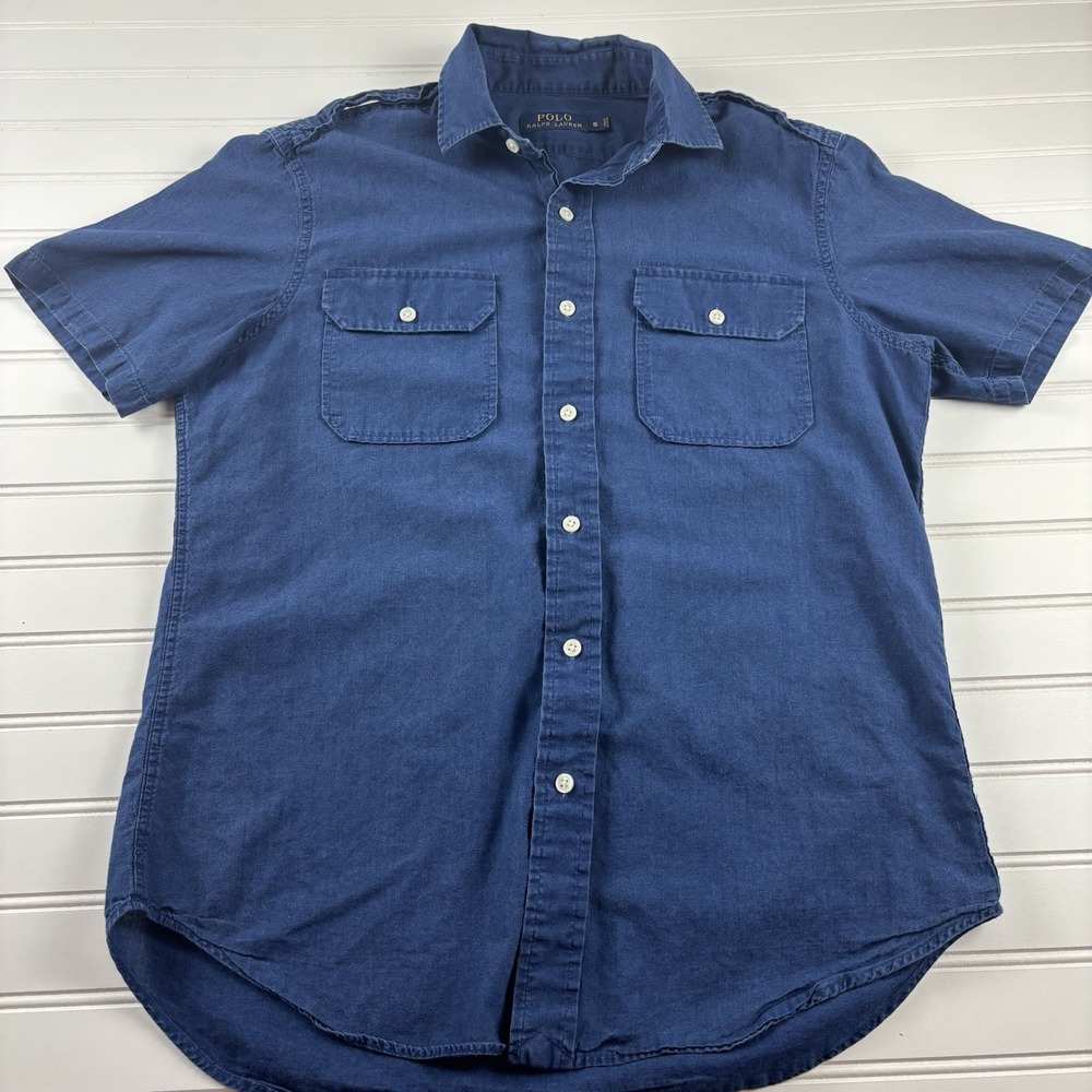 Men's VTG SM POLO RALPH LAUREN Denim Jean Short Sleeve Button Shirt‎ 2000s Blue